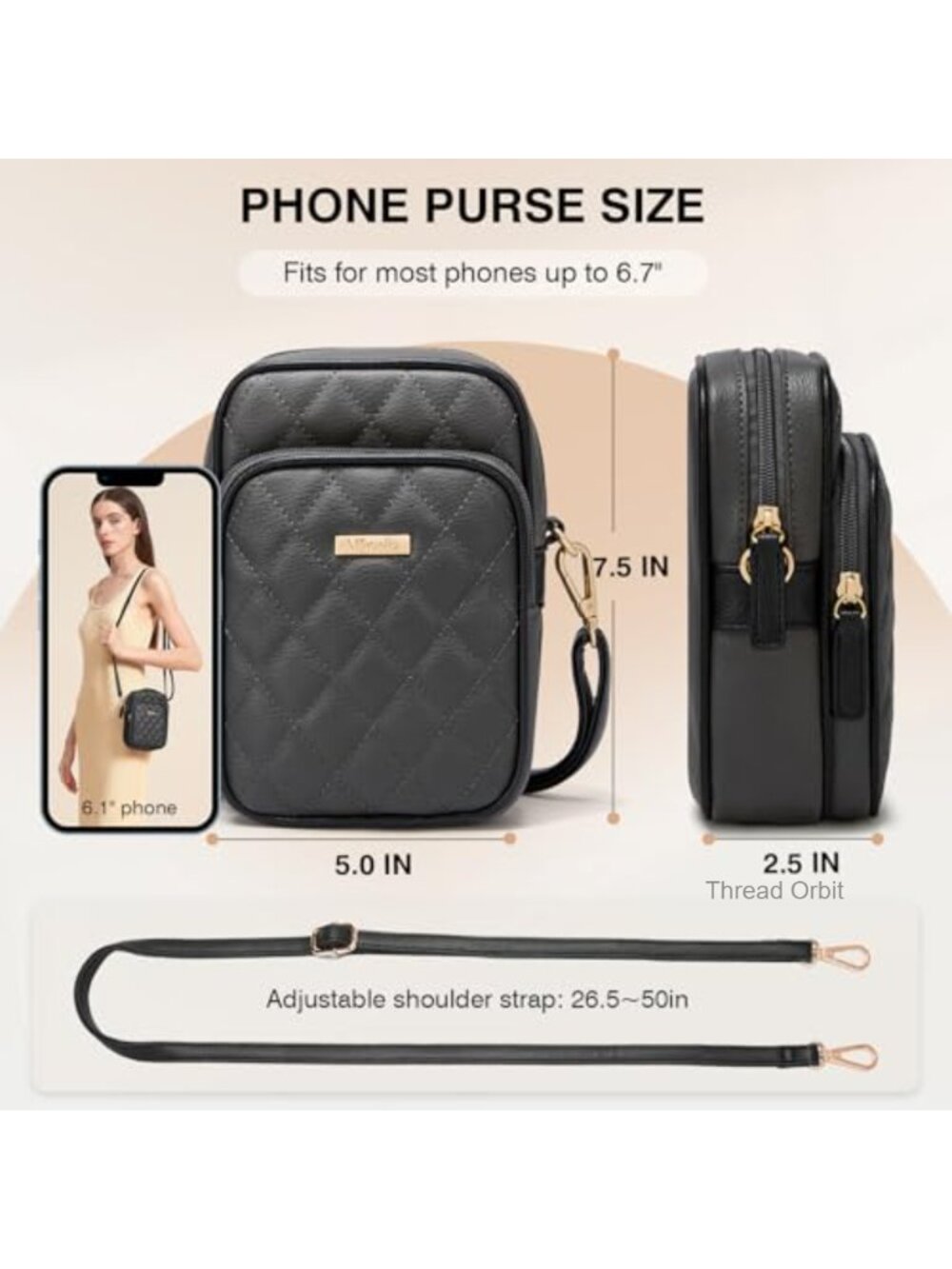 Small Vegan Leather Crossbody Phone Bag Quilted Wallet Card Slots - Picture 2 of 6